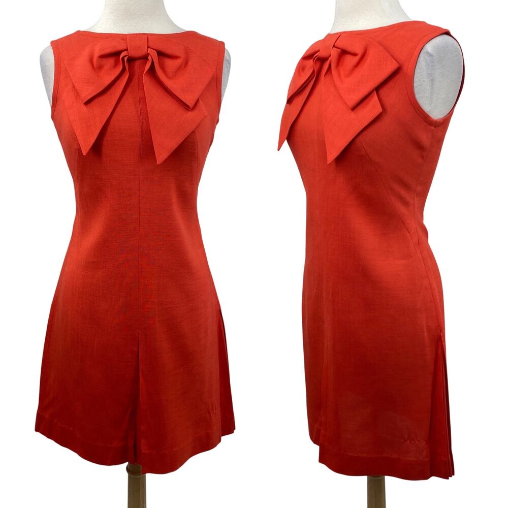 Vintage 60s Bow Front Shift Dress A Line Fit & Flare Sleeveless Coral Orange